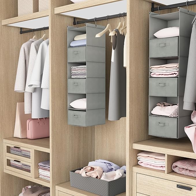 MAX Houser 6 Tier Shelf Hanging Closet Organizer, Closet Hanging Shelf with 2 Sturdy Hooks for Storage, Foldable (Light Grey-