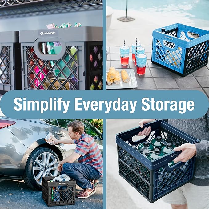 CleverMade Collapsible Milk Crate 25L (6.6 Gal), 50 lb Capacity Heavy Duty Folding Crate – Stackable Storage Crates with File