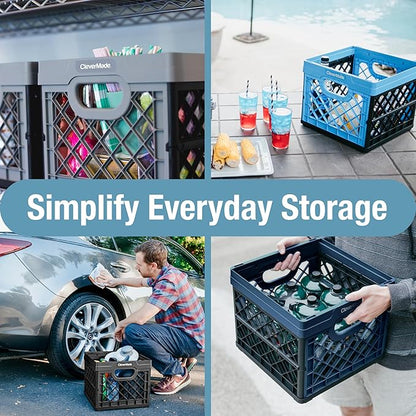 CleverMade Collapsible Milk Crate 25L (6.6 Gal), 50 lb Capacity Heavy Duty Folding Crate – Stackable Storage Crates with File