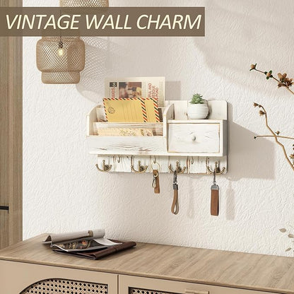 Rebee Vision Key Holder Wall Mount with Mail Sorter - Farmhouse Mail and Key Organizer for Wall with Small Drawer Organizer -