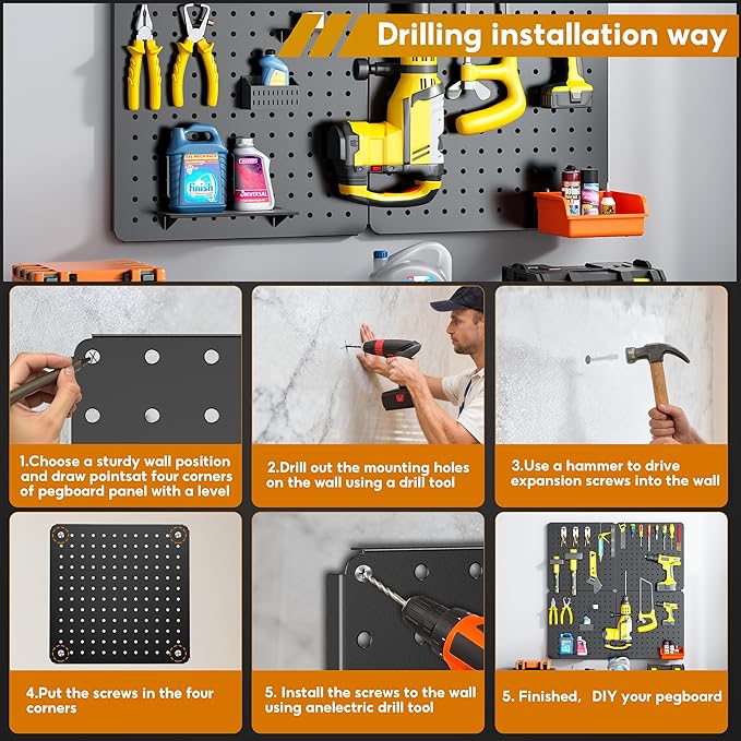 Peg Board, 68PCS Heavy Duty Metal Pegboard with Hooks, 4 Pack Black Peg Board Panels, 50lbs Load Capacity Each, Pegboard Wall