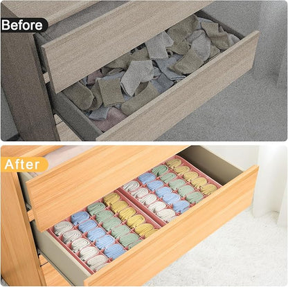 Sock Organizer 4 Pack - 24 Cell Foldable Underwear & Sock Storage, Drawer Organizer for Ties, Belts. (Pink)