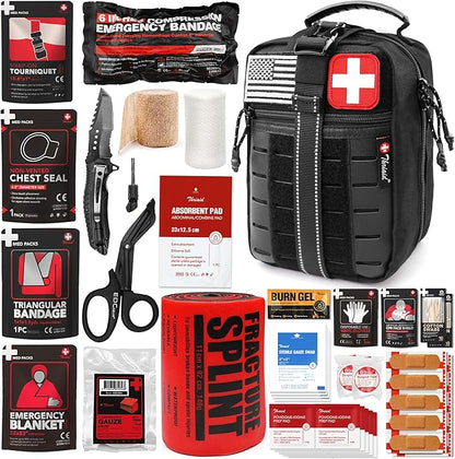 Survival First Aid Kit with Israeli Bandage, Chest Seal, Tourniquet, Splint, Tactical Military Combat Molle IFAK for Wound Ca