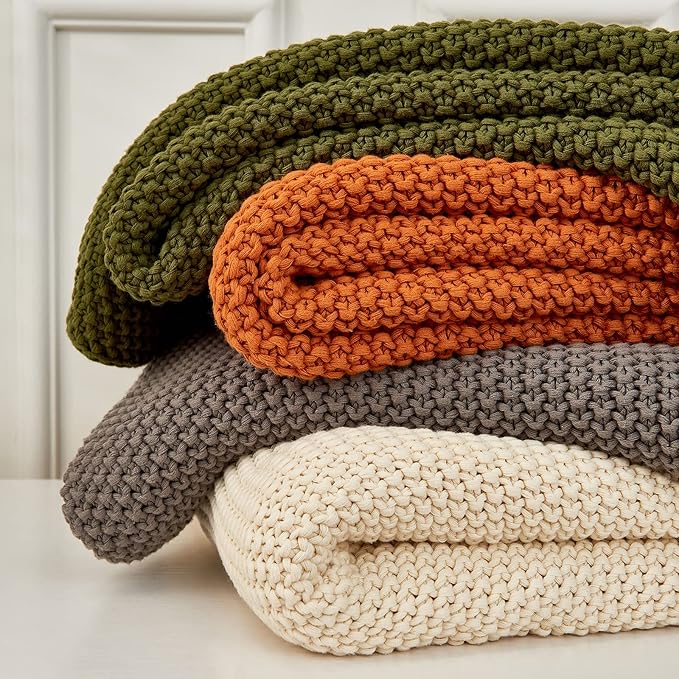 Chunky Cable Knit Throw Blanket Lightweight Cream 100% Organic Cotton Blanket for Sofa Couch Bed Baby Nursery, Rustic Shabby 