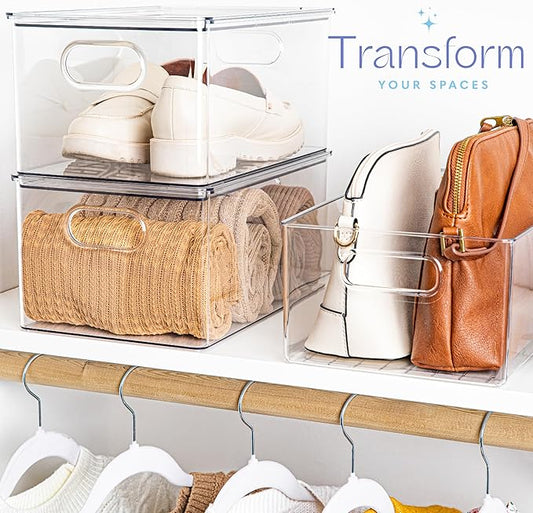 primebox Plastic Clear Stackable Storage Bins with Lids. Great for Pantry or Kitchen Organization. Fridge Organizer Container